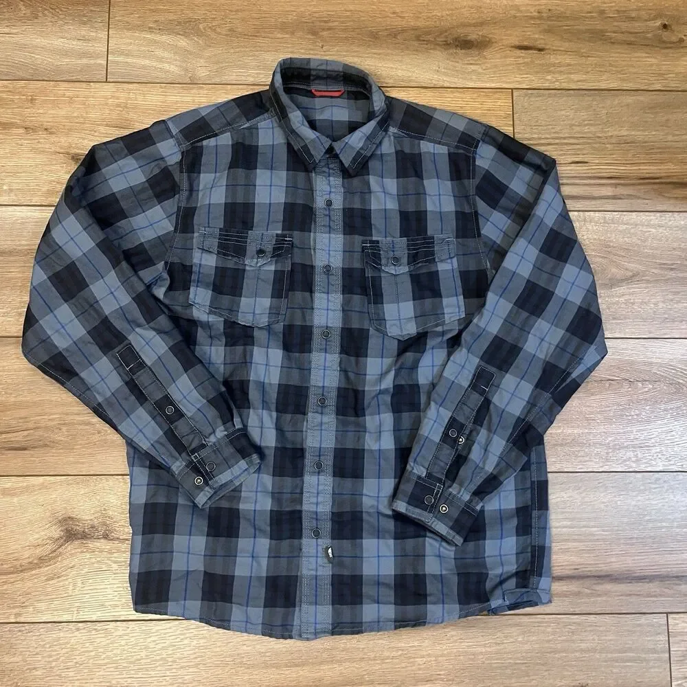 The North Face Blue Plaid Pearl Snap Flannel Button Up Shirt Men's Large Outdoor